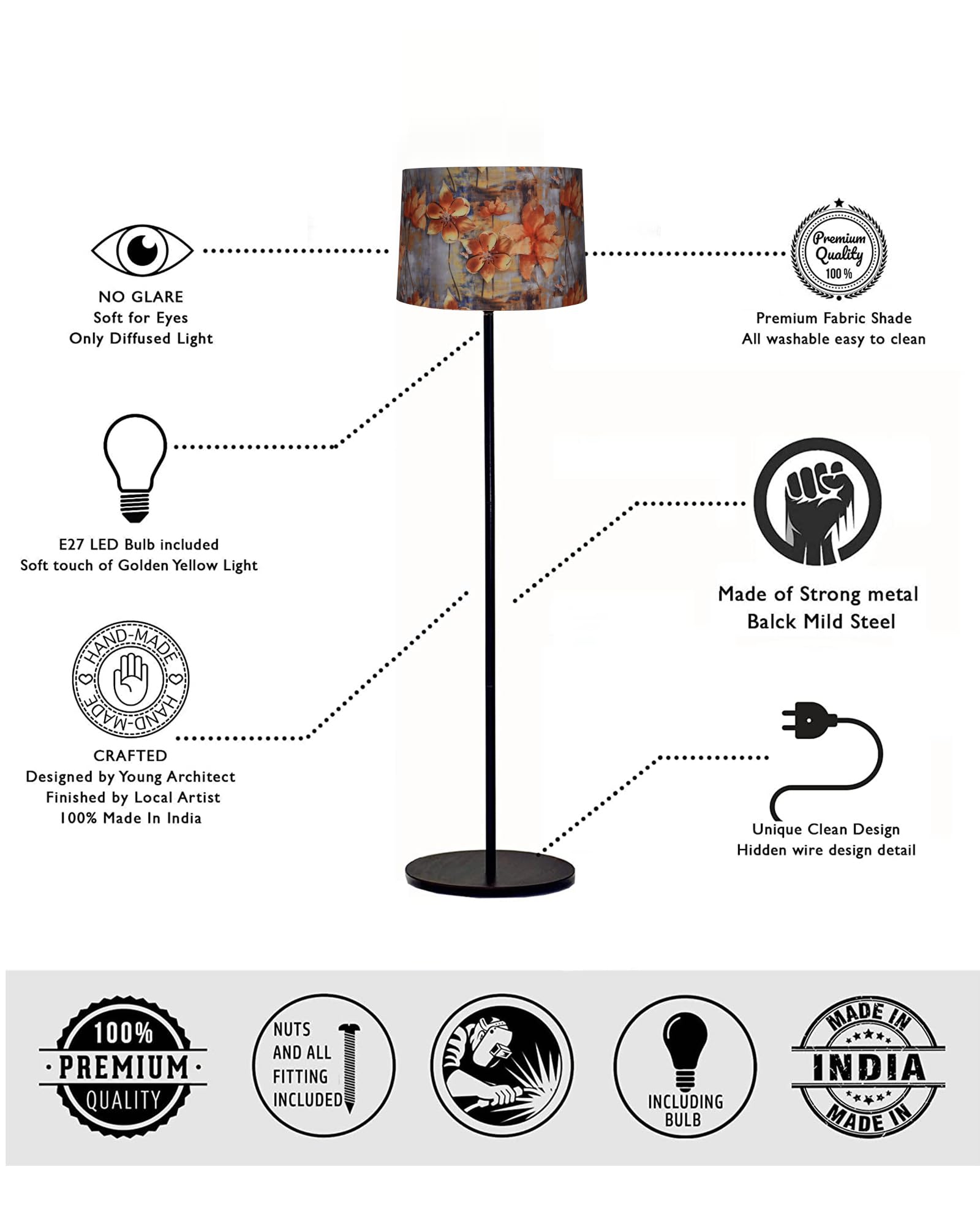 Homesake® Rustic Wooden Base Floor Lamp for Living Room | Decorative Night Standing Lamp | Corner Lamp for Living Room | Antique Industrial Vintage Minimalist Home | Office-Bird
