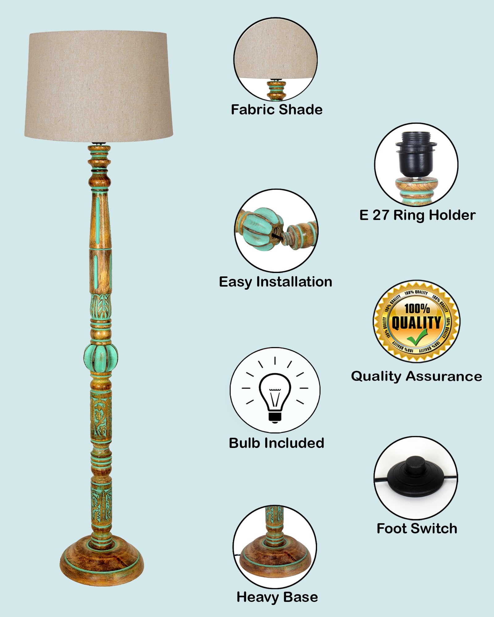 Royal Carving Antique Algae finish wooden floor lamp with Shade