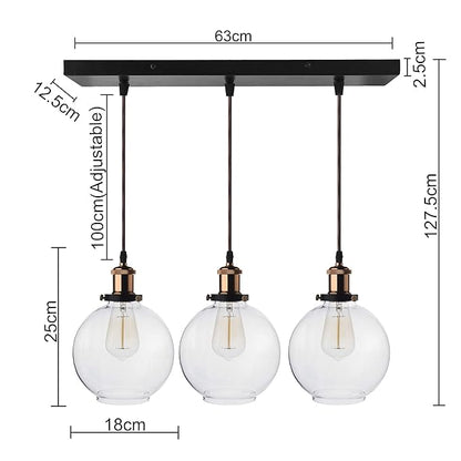 3-Lights Linear Cluster Chandelier Modern Glass Globe Hanging Light, Antique Socket, E27 Holder, Kitchen Island Ceiling Light URBAN Retro