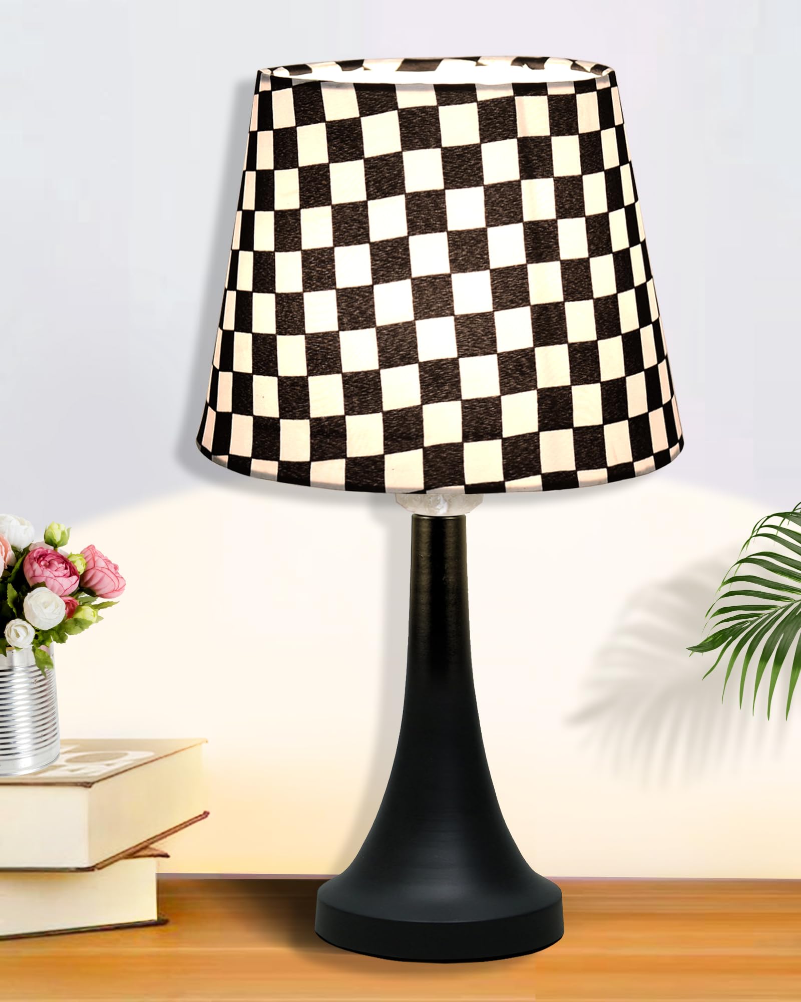 Bedside Black Metal Table Lamp with Fabric Shade, E27 holder, Cone, Pleated Jute Shade