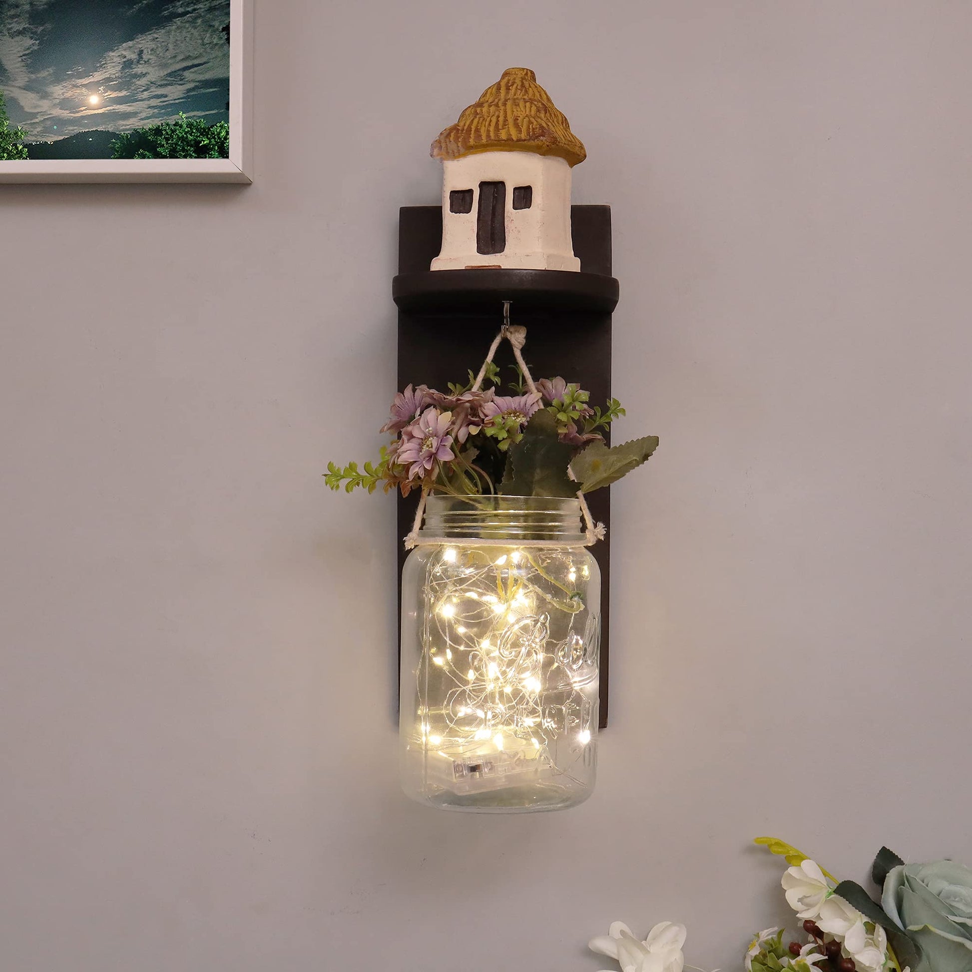 Homesake® Rustic Mason Jar Wall Scones with Firefly String Lights, ramadan decorations for home, ramzan decoration items festive decor, home decoration items for living room (Wall Mason Jar)