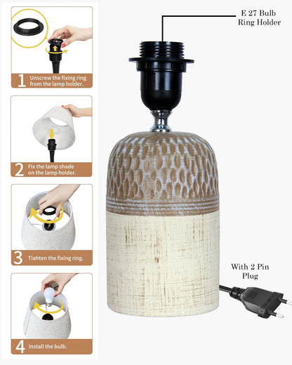 Homesake® Modern Ceramic Table Lamp with Fabric Shade, Minimal Bedside Lamp for Living Room & Bedroom, Brown Carved Honeycomb Pattern, Khadi Frill,