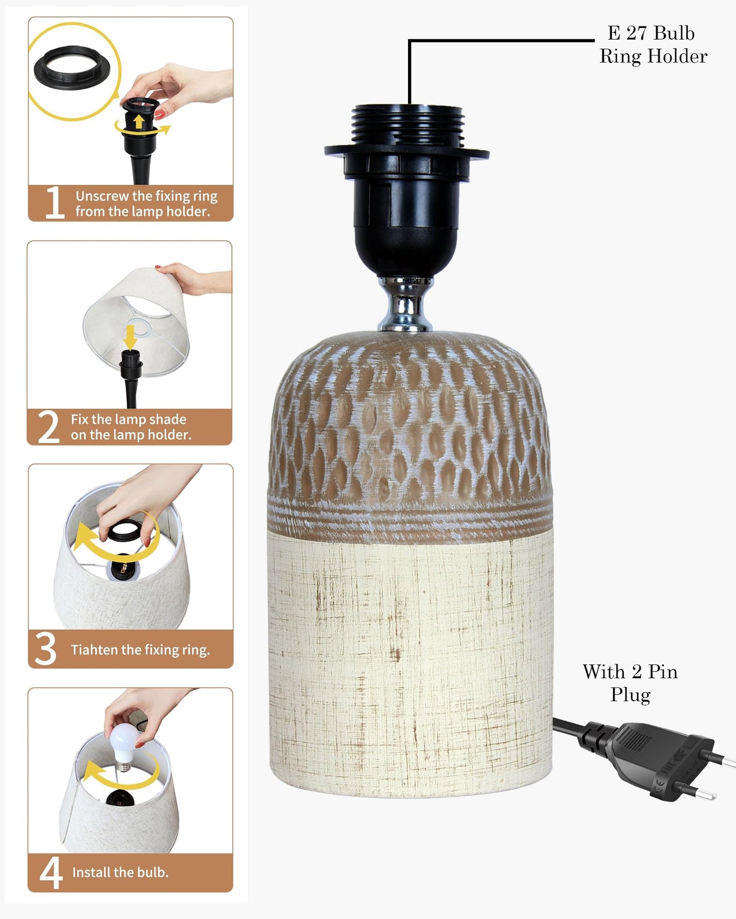 Homesake® Modern Ceramic Table Lamp with Fabric Shade, Minimal Bedside Lamp for Living Room & Bedroom, Brown Carved Honeycomb Pattern, Khadi Frill,