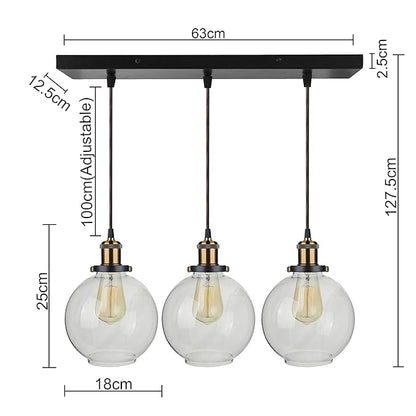 3-Lights Linear Cluster Chandelier Modern Glass Globe Hanging Light, Antique Socket, E27 Holder, Kitchen Island Ceiling Light URBAN Retro