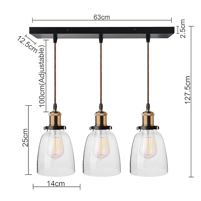 3-Lights Linear Cluster Chandelier Modern Bell Glass Shade Hanging Light, Antique  Socket, E27 Holder, Decorative, Black, URBAN Retro, Nordic Style