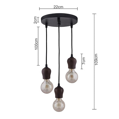 3-lights Round Cluster Chandelier Edison Filament Wooden Bubble holder Hanging Pendant Light with Braided Cord