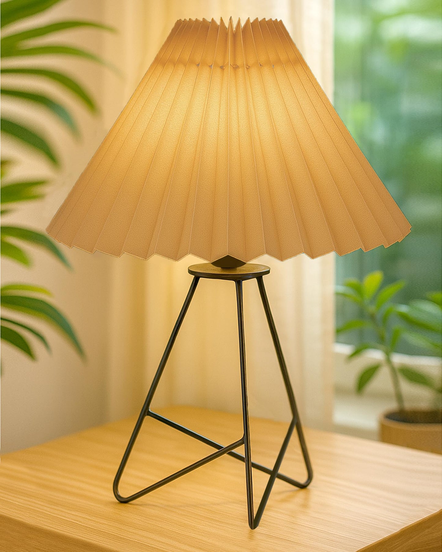 Homesake® Retro Matt Black Table Lamp, Iron Tripod Base, E27 Bulb Holder, Lamps for Bedroom, Bedside, Living Room, Study, Desk, Warm Night Lamp, Light, Pleated Fabricc