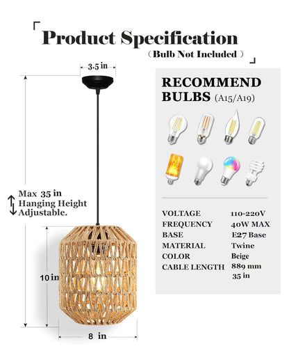 Homesake® Rattan Seagrass Raffia Kauna Paper Grass Wicker Lamp Premium Pendant Light | Livra Hanging Ceiling Lamp Handwoven, Paper Rope Boho Hand-Woven Lampshade for Home Decor, Beige, pumpkin