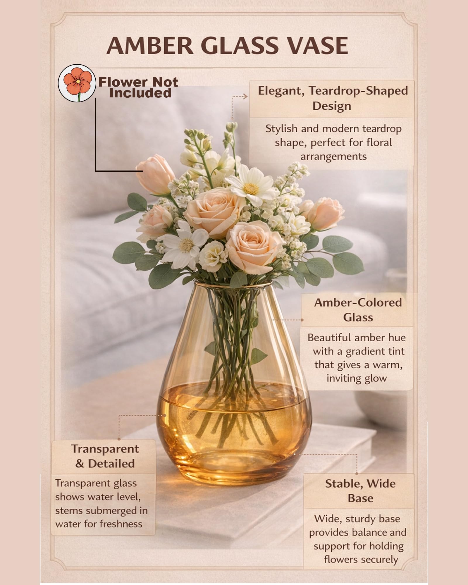 Pitcher Flower Vase for Flower Plants Glass Vase Pot for Living Room Home Decor Dining Table Decoration Water Plants Bedroom Hall Aesthetic House Warming Gift, Classic Urn, Amber Gold