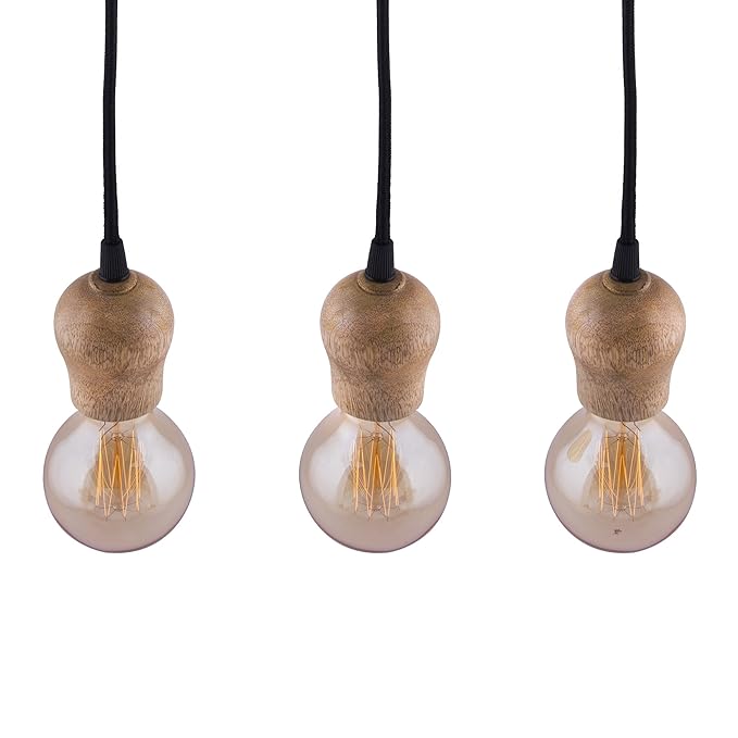 3-lights Linear Cluster Chandelier Edison Filament Wooden Bubble holder hanging Pendant Light, kitchen area and dining room light