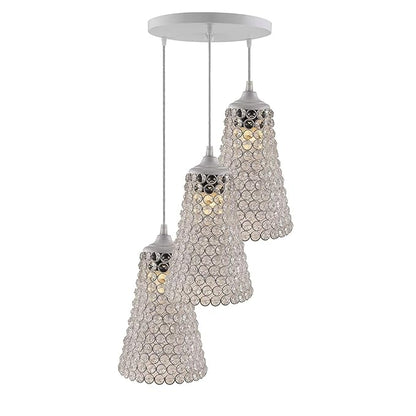 3-lights Round Cluster Chandelier  Crystal Cone Hanging Pendant Light with Braided Cord