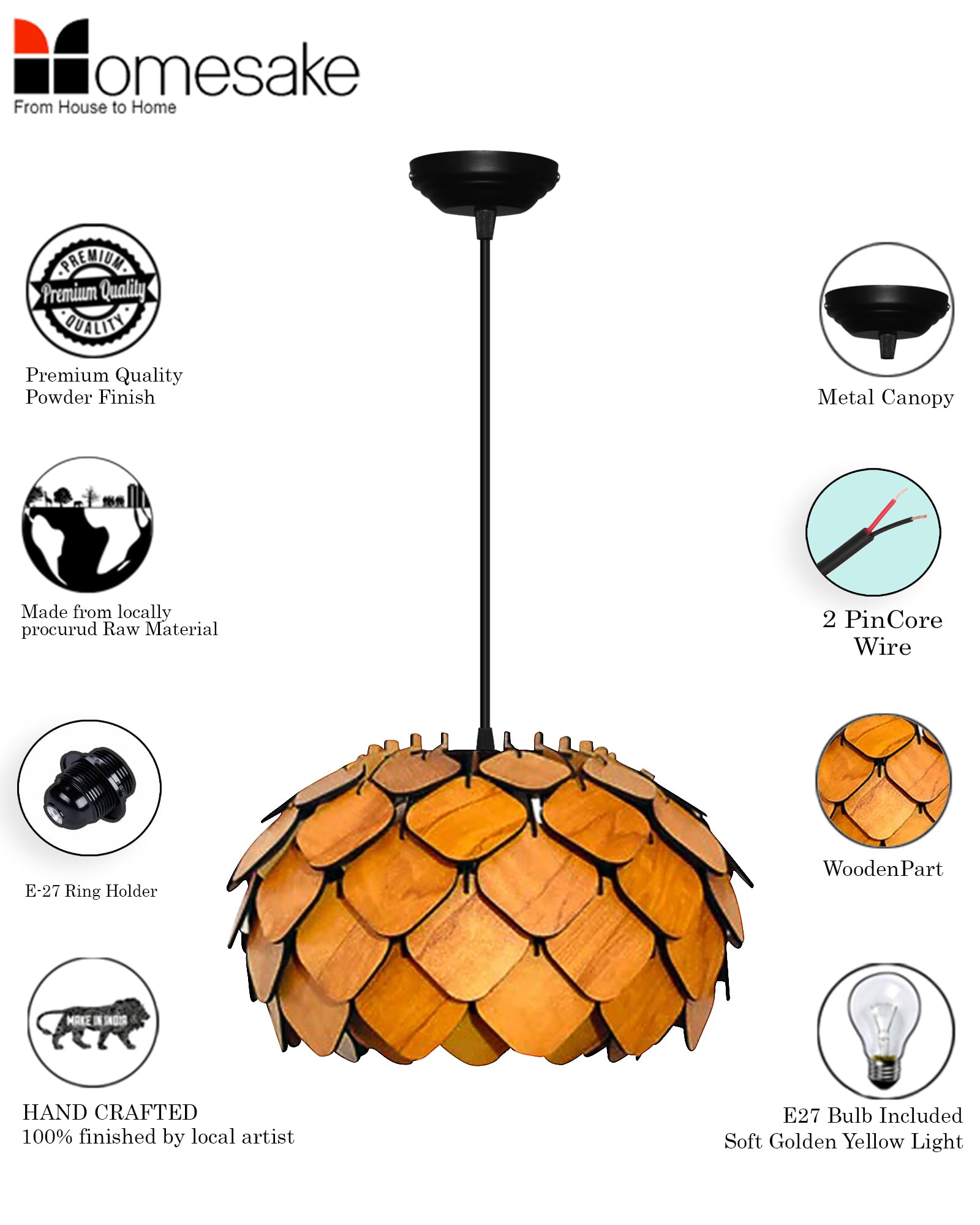 Homesake® Handcrafted Wooden Pendant lamp, Design Ceiling lamp,Hanging lamp Home decor Chandelier Light | E27 Bulb Included | Decoration for restaurants, Hotel, Home,Bedroom, Dining & Café
