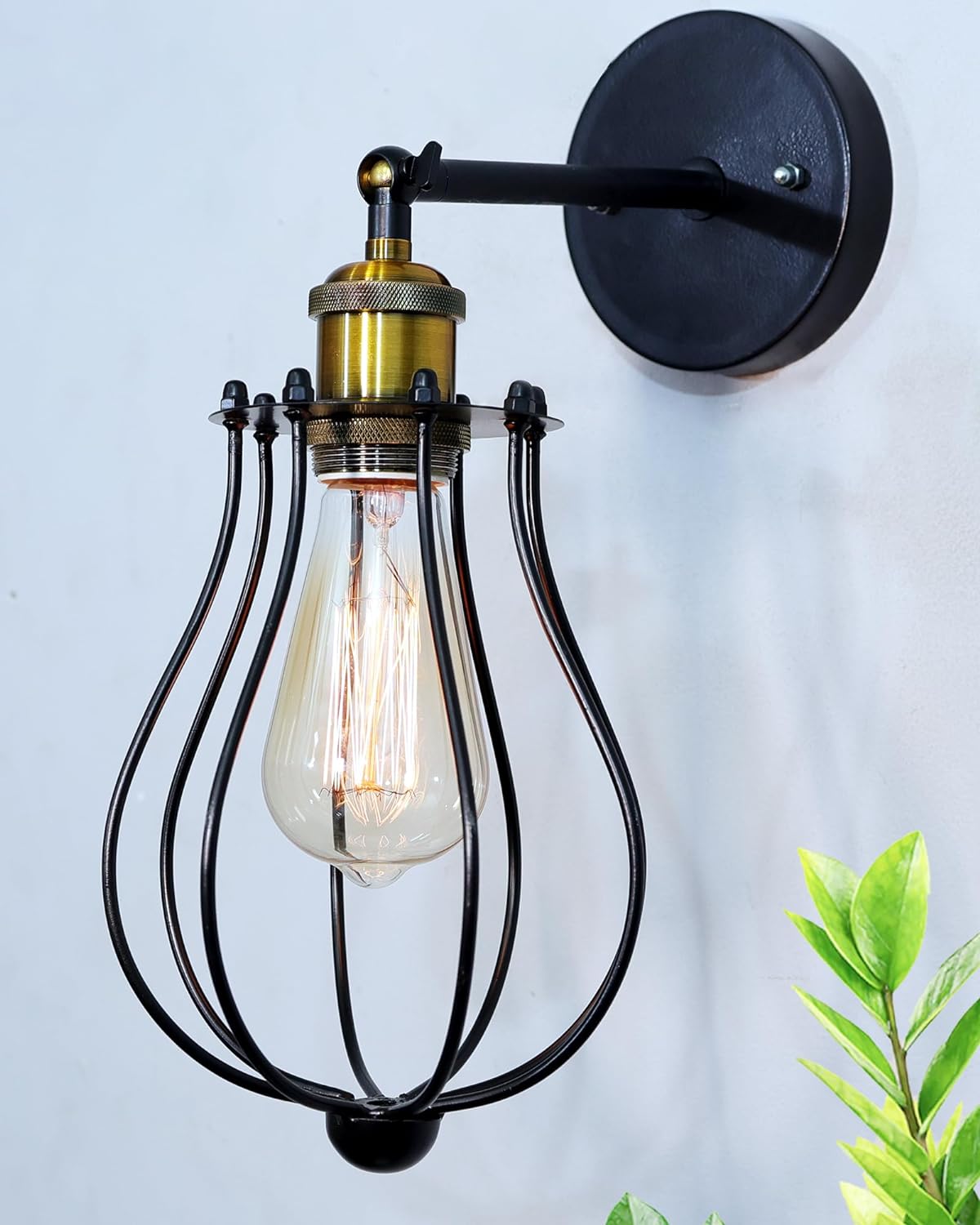 Vintage Wall Sconce Industrial Lighting Adjustable Socket Rustic Wire Metal Cage Fixture Porch Mirror, Antique