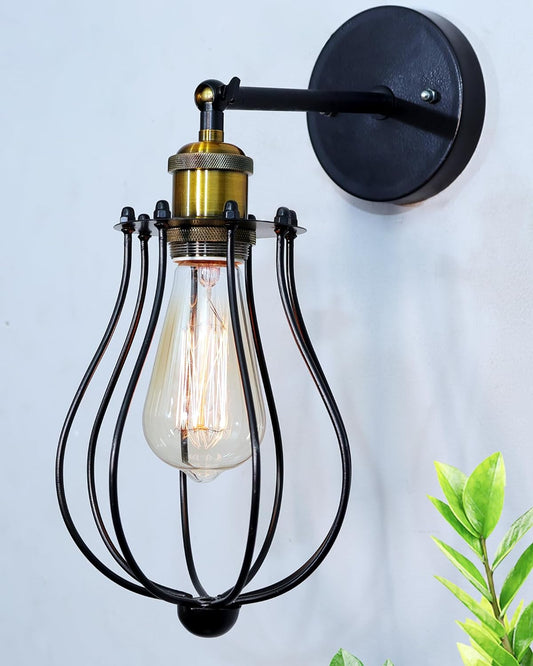 Vintage Wall Sconce Industrial Lighting Adjustable Socket Rustic Wire Metal Cage Fixture Porch Mirror, Antique