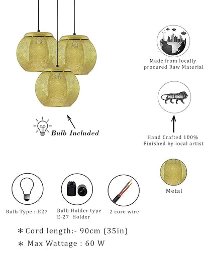 3-Lights Round Cluster Chandelier Ceiling Classic Moroccan Hanging Pendant Light with Braided Cord, URBAN Retro, Nordic Style, LED/Filament Bulb