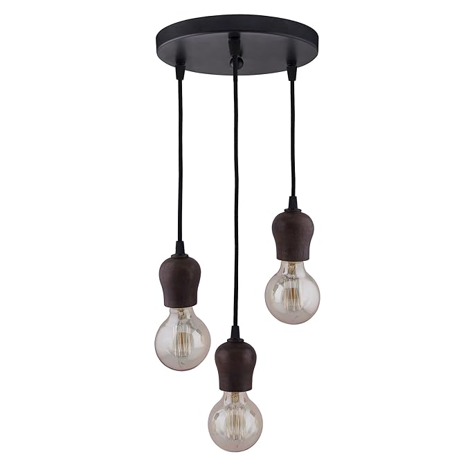 3-lights Round Cluster Chandelier Edison Filament Wooden Bubble holder Hanging Pendant Light with Braided Cord
