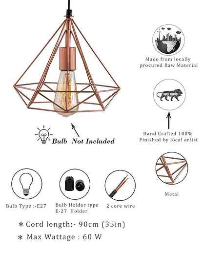 Copper Edison Filament Hanging DIAMOND Caged, E27 Holder,Ceiling Light for LED/Filament Bulb, Decorative, Urban Retro Style, Black Colour Metal