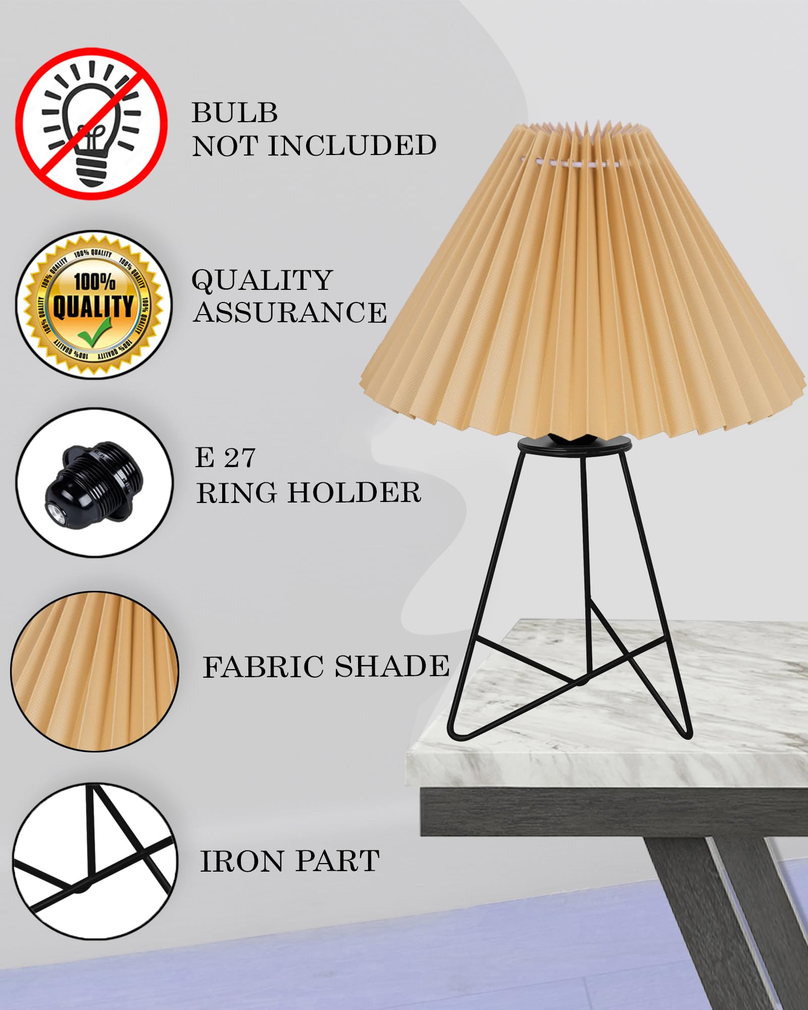 Homesake® Retro Matt Black Table Lamp, Iron Tripod Base, E27 Bulb Holder, Lamps for Bedroom, Bedside, Living Room, Study, Desk, Warm Night Lamp, Light, Pleated Fabricc