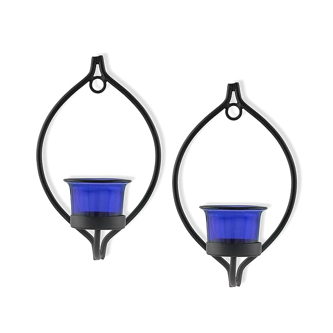 Set of 2 Decorative Black Eye Wall Sconce/Candle Holder With Glass and Free T-light Candles