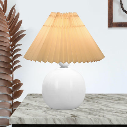 Bedside White Ceramic Table Lamp, Classic Desk lamp for Living Room Bedroom, Farmhouse Nightstand Lamps Round with Jute Pleated Shade