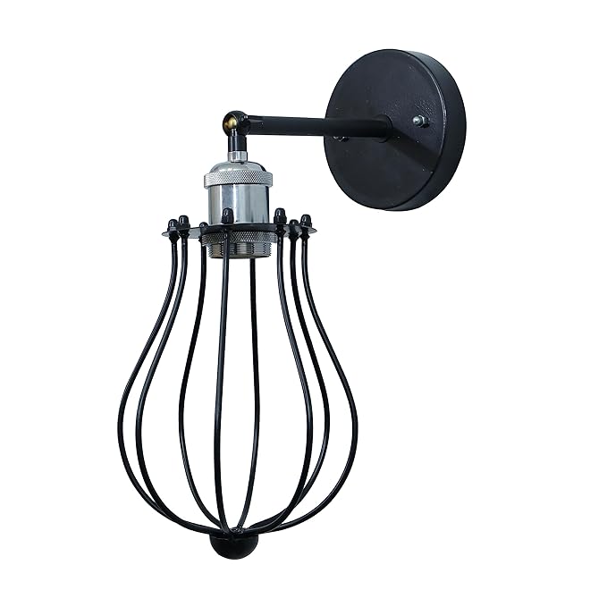 Vintage Wall Sconce Industrial Lighting Adjustable Socket Rustic Wire Metal Cage Fixture Porch Mirror, Antique