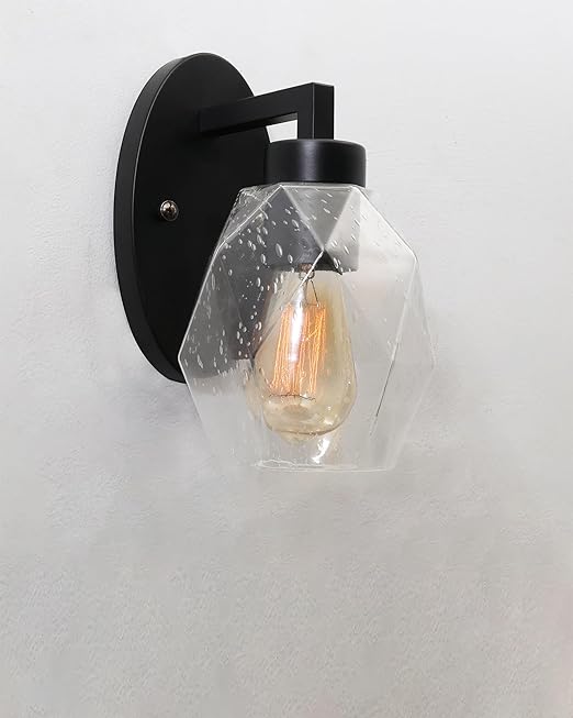 1-Light Wall Sconce Vanity Lighting Bathroom Lamp in Black with Hexa Glass Shades Wall Mounted Light Fixtures for Bedroom Stairs and Kitchen