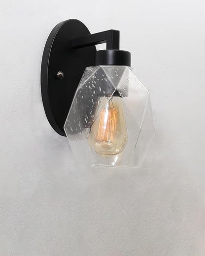 1-Light Wall Sconce Vanity Lighting Bathroom Lamp in Black with Hexa Glass Shades Wall Mounted Light Fixtures for Bedroom Stairs and Kitchen