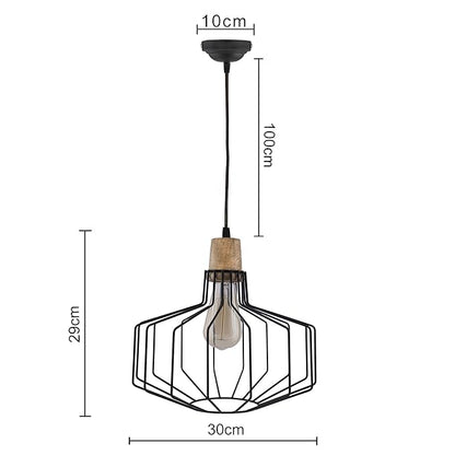 Industrial Loft Black Metal Cage Wood Art Pendant, Hanging Ceiling Lights, Edison Vintage light