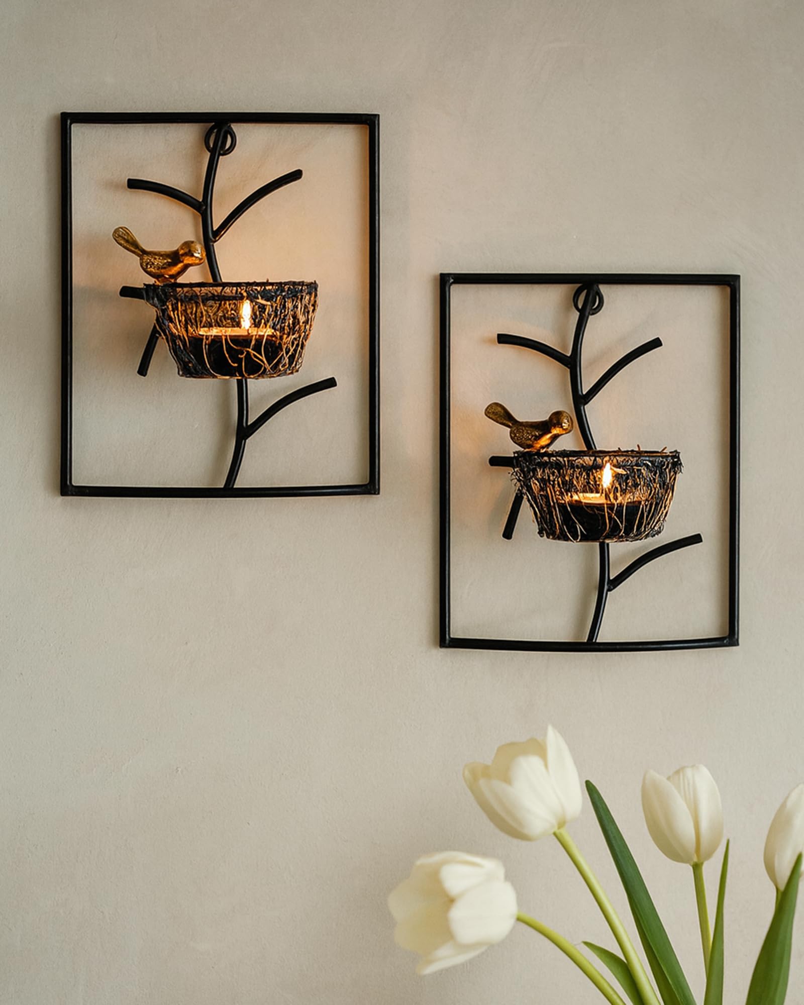 Homesake® Decorative Wall Bird with Nest Leaf Tealight Holder, Antique Metal Wall Scone Candle Holder, Wall Decoration for Living Room Bedroom