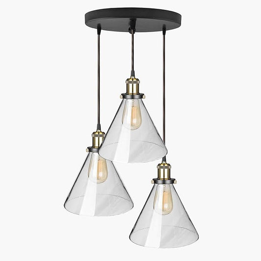 3-Lights Round Cluster Chandelier Modern Glass Cone Shaped Hanging Light, Antique Socket, E27 Holder, Decorative, Copper, URBAN Retro, Nordic Style