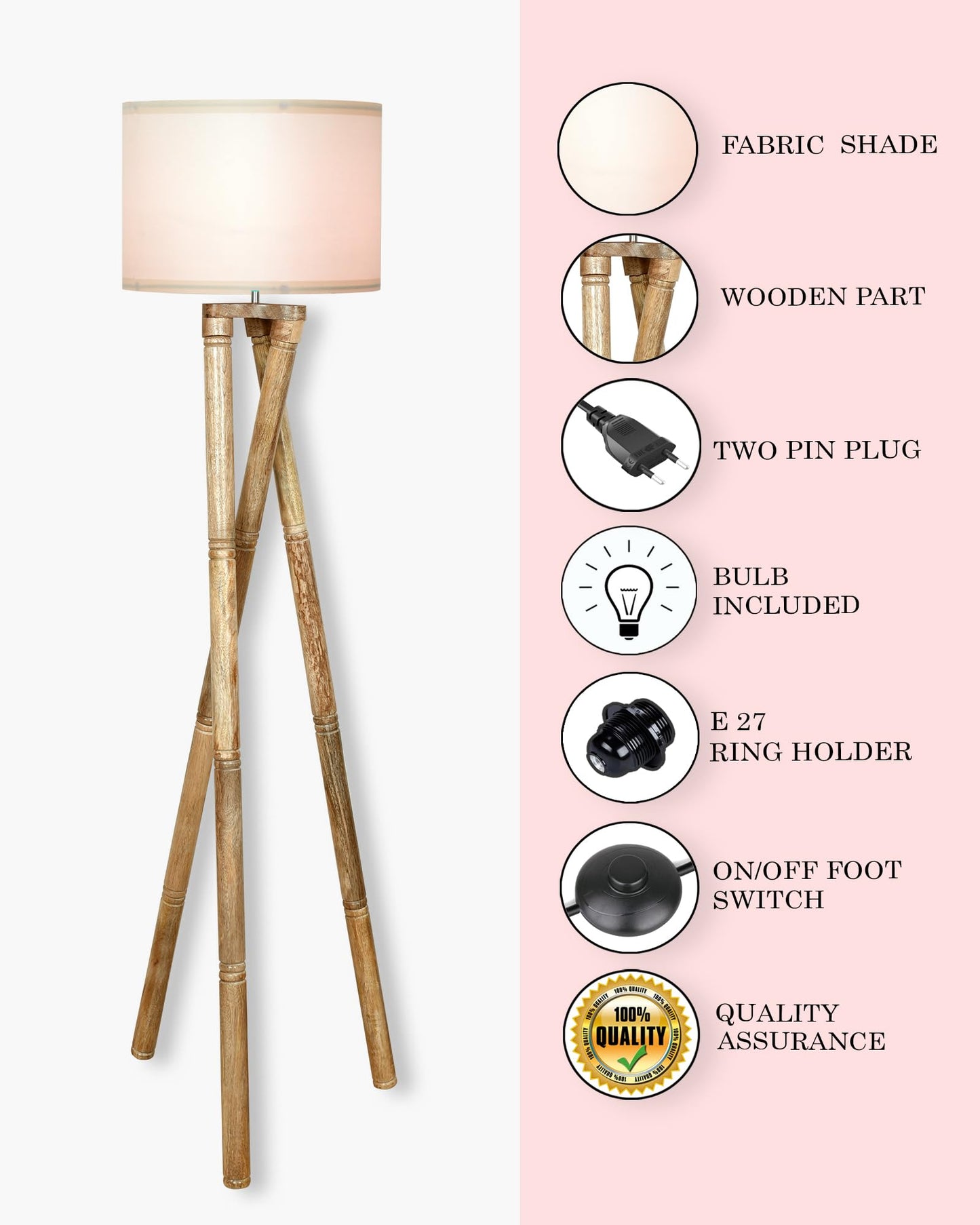 Cross-leg Wood Tripod Floor Lamp, Mid Century Standing Lamp, E27 Lamp Base, With Shade Modern Design Floor Reading Lamp for Living Room Bedroom, Study Room and Office
