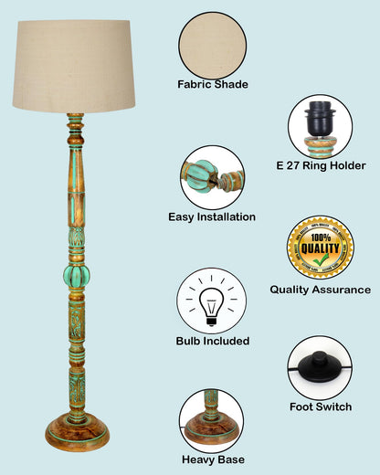Royal Carving Antique Algae finish wooden floor lamp with Shade