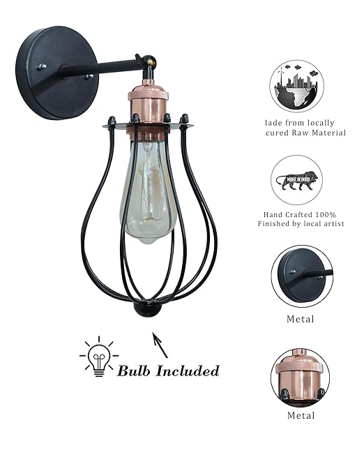 Vintage Wall Sconce Industrial Lighting Adjustable Socket Rustic Wire Metal Cage Fixture Porch Mirror, Antique