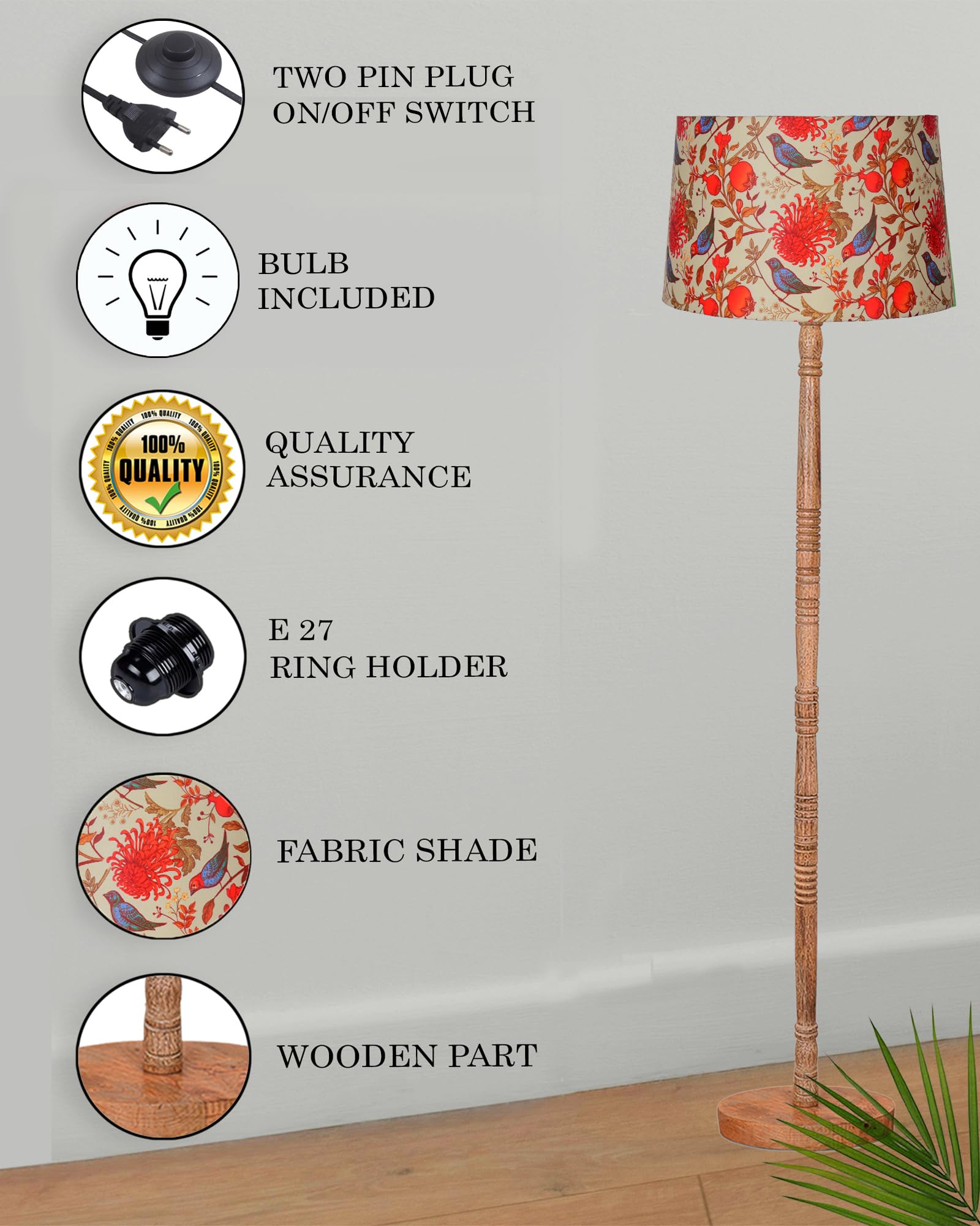 Homesake® Mid Century Modern Floor Lamp for Living Room | Hand turned | Corner Lamp for Living Room, Stand Lamp with Fabric Lampshade for Bedroom, Study Room and Office, (Vine and Flowers)