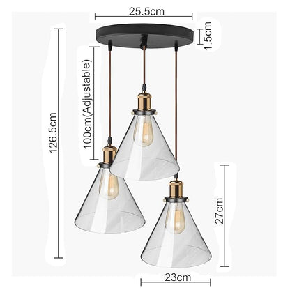3-Lights Round Cluster Chandelier Modern Glass Cone Shaped Hanging Light, Antique Socket, E27 Holder, Decorative, Copper, URBAN Retro, Nordic Style