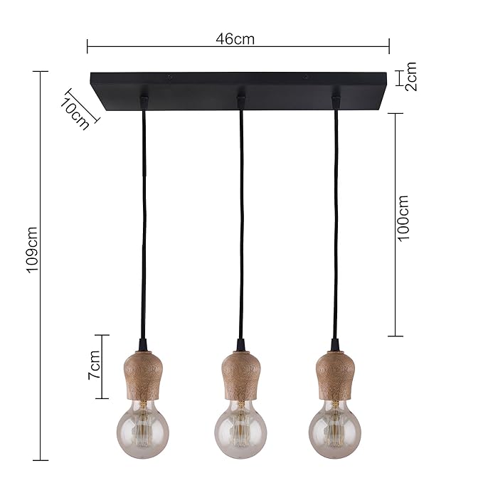 3-lights Linear Cluster Chandelier Edison Filament Wooden Bubble holder hanging Pendant Light, kitchen area and dining room light