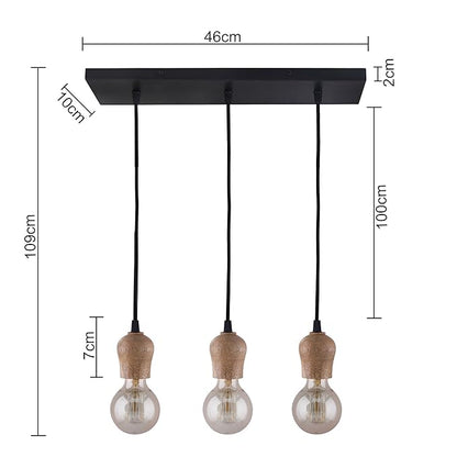 3-lights Linear Cluster Chandelier Edison Filament Wooden Bubble holder hanging Pendant Light, kitchen area and dining room light