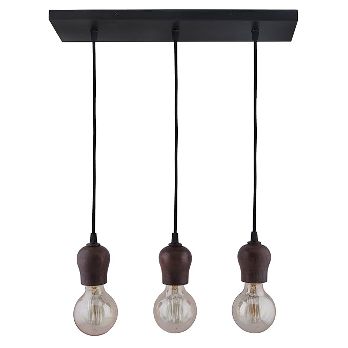 3-lights Linear Cluster Chandelier Edison Filament Wooden Bubble holder hanging Pendant Light, kitchen area and dining room light
