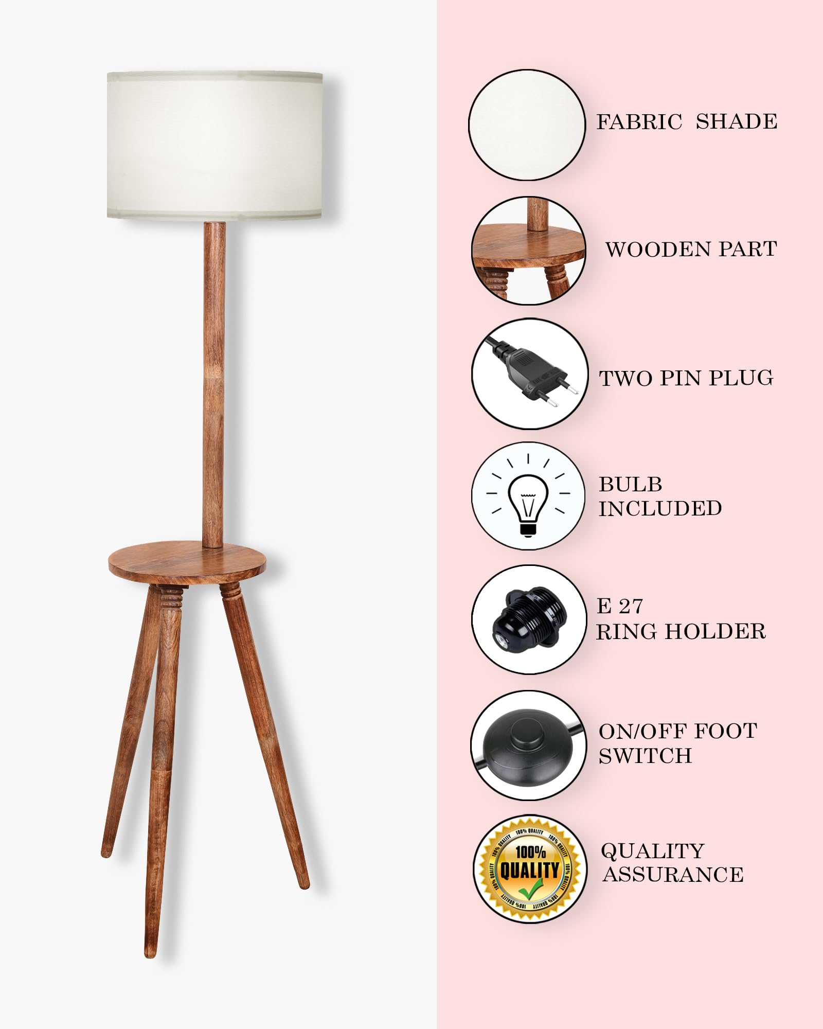 Table,Tripod Wooden Floor Lamp, Mid Century Standing Lamp, E27 Lamp Base, With Shade Modern Design Floor Reading Lamp for Living Room Bedroom, Study Room and Office