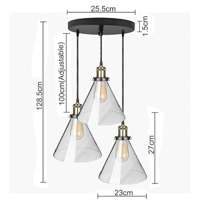 3-Lights Round Cluster Chandelier Modern Glass Cone Shaped Hanging Light, Antique Socket, E27 Holder, Decorative, Copper, URBAN Retro, Nordic Style