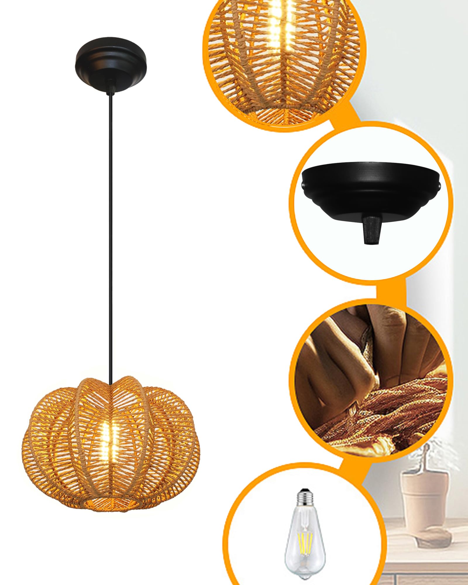 Homesake® Rattan Seagrass Raffia Kauna Paper Grass Wicker Lamp Premium Pendant Light | Livra Hanging Ceiling Lamp Handwoven, Paper Rope Boho Hand-Woven Lampshade for Home Decor, Beige, pumpkin