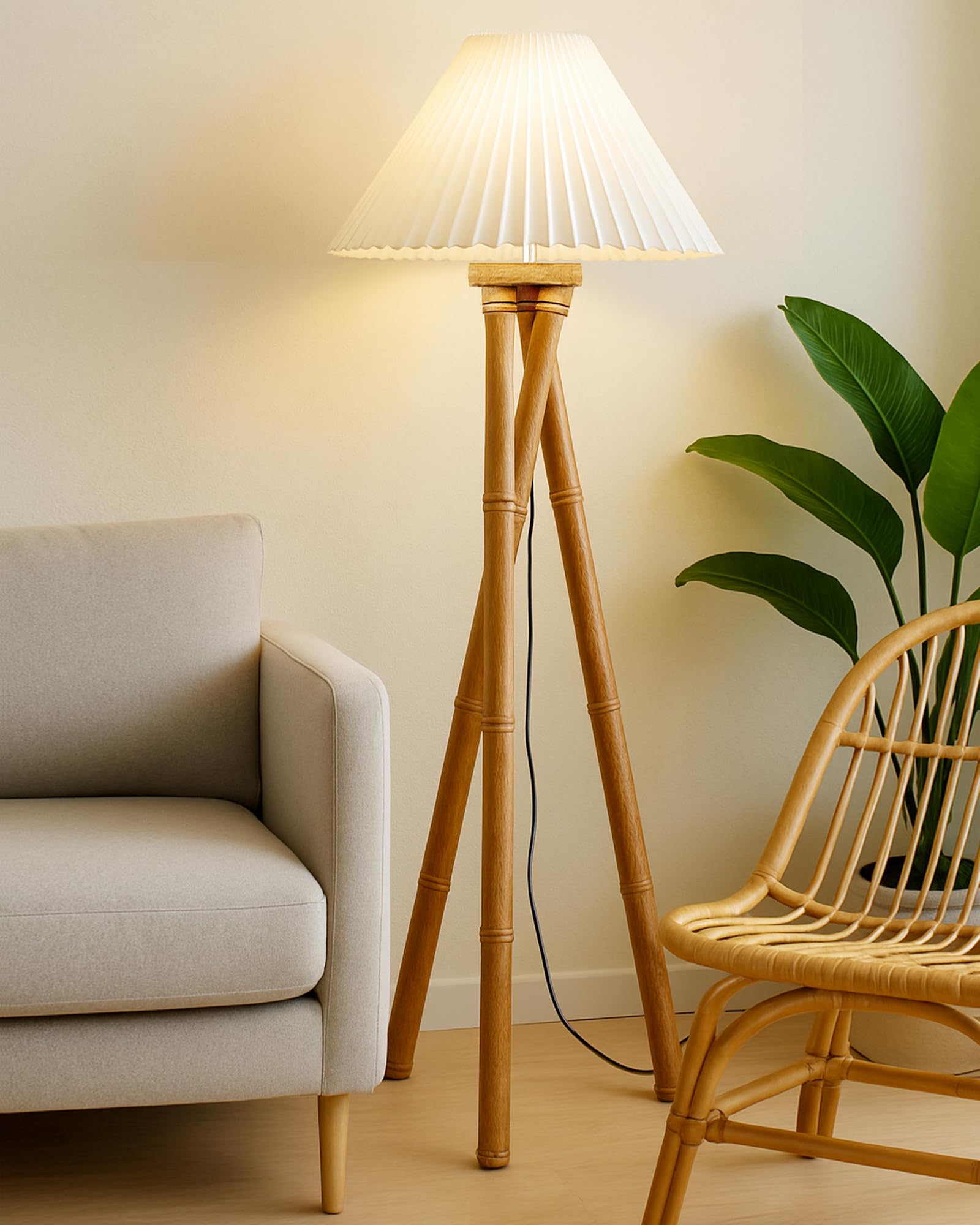 Cross-leg Wood Tripod Floor Lamp, Mid Century Standing Lamp, E27 Lamp Base, With Shade Modern Design Floor Reading Lamp for Living Room Bedroom, Study Room and Office