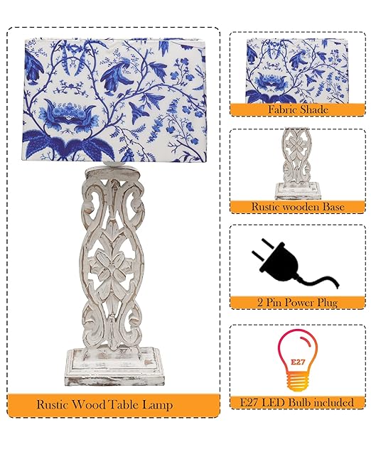 Sculptural Hand Carved Wood Table Lamp with Blue Birds shade, Mint Green.
