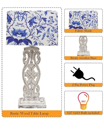 Sculptural Hand Carved Wood Table Lamp with Blue Birds shade, Mint Green.