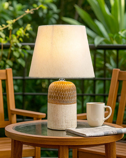 Homesake® Modern Ceramic Table Lamp with Fabric Shade, Minimal Bedside Lamp for Living Room & Bedroom, Brown Carved Honeycomb Pattern, Khadi Frill,