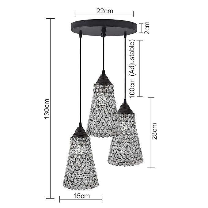 3-lights Round Cluster Chandelier  Crystal Cone Hanging Pendant Light with Braided Cord
