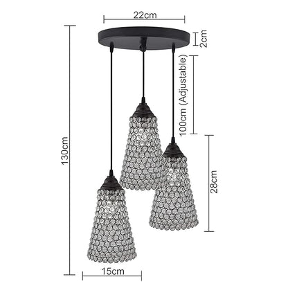 3-lights Round Cluster Chandelier  Crystal Cone Hanging Pendant Light with Braided Cord