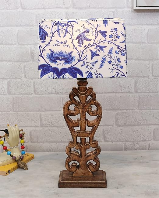 Sculptural Hand Carved Wood Table Lamp with Blue Birds shade, Mint Green.