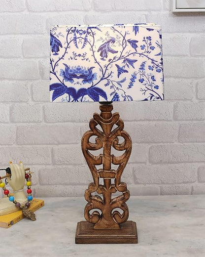 Sculptural Hand Carved Wood Table Lamp with Blue Birds shade, Mint Green.