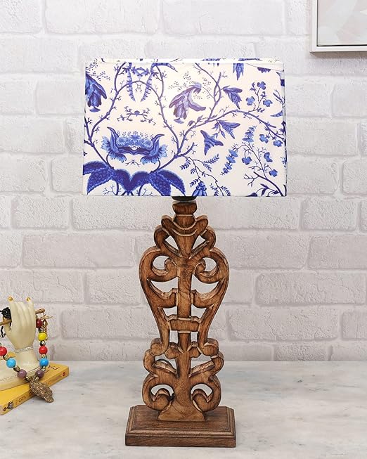 Sculptural Hand Carved Wood Table Lamp with Blue Birds shade, Mint Green.